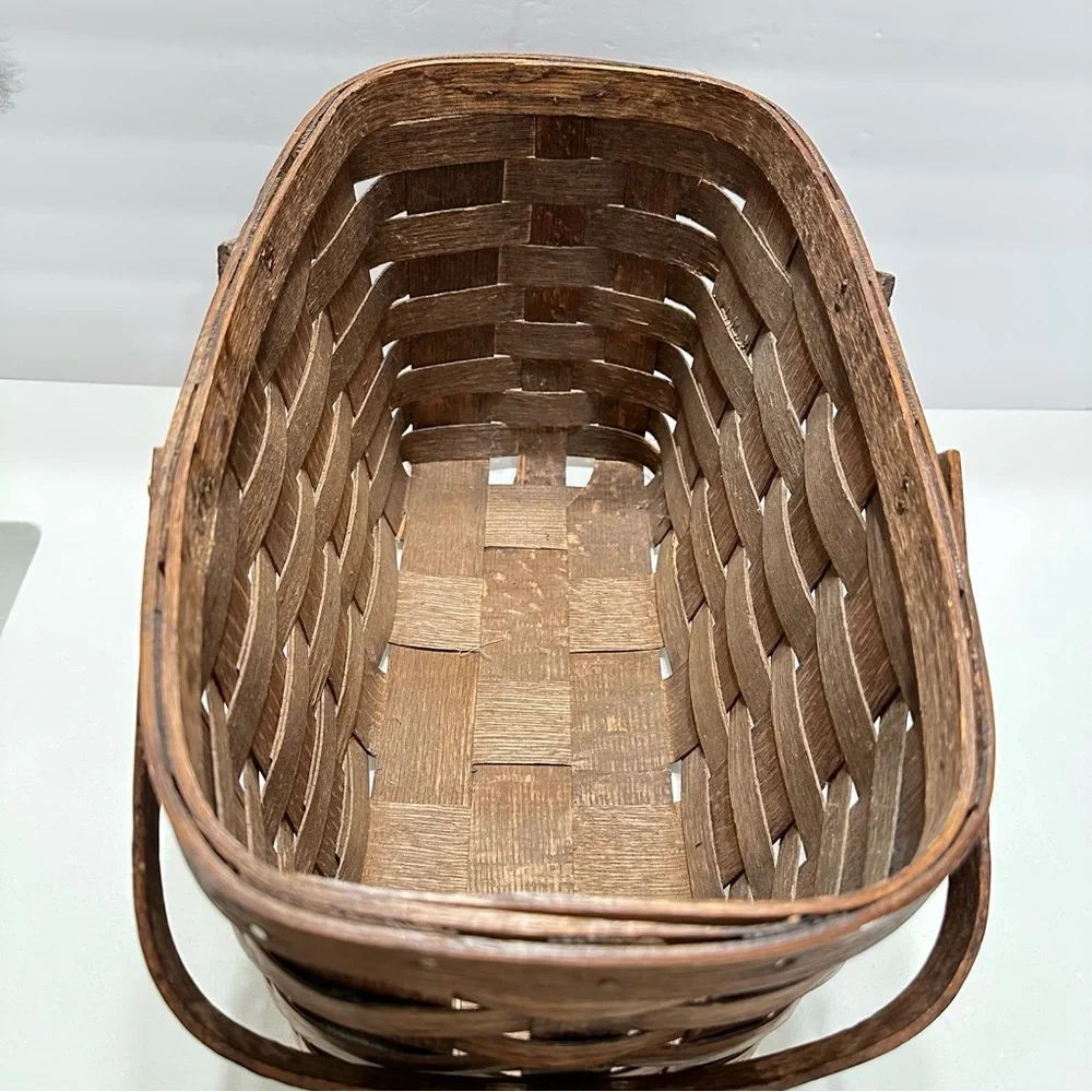Vintage‎ Dark Brown Woven Basket Wooden Handles Rectangle Skinny Brass Hardware